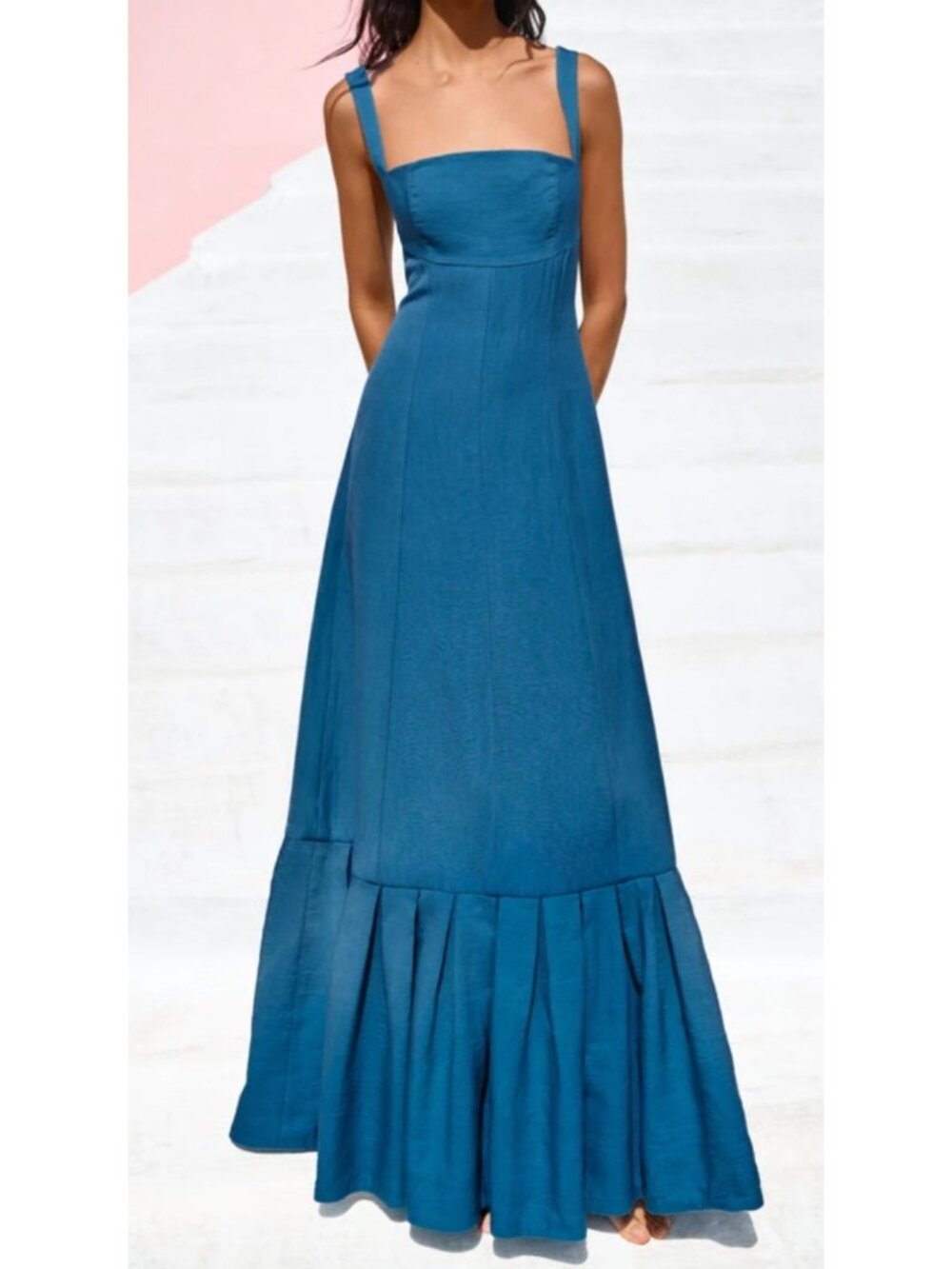 NWT COUPER Margaret Ocean Tie Back Gown Dress Blue Linen Size Medium